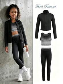SHEIN Young Girl Zip Up Thumbholes Active Set - Black - View 3
