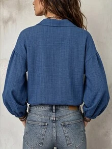 SHEIN Solid Drop Shoulder Lantern Sleeve Shirt - Blue - View 2
