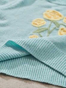 Anewsta Women's Minimalist Baby-Blue Sweater With Yellow Floral Embellishments – Elegant Modern Style Women Sweaters - Blue - View 7