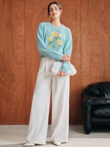 Anewsta Women's Minimalist Baby-Blue Sweater With Yellow Floral Embellishments – Elegant Modern Style Women Sweaters - Blue - View 5