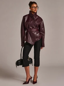 SHEIN BAE Solid Belted PU Leather Jacket - Burgundy - View 1