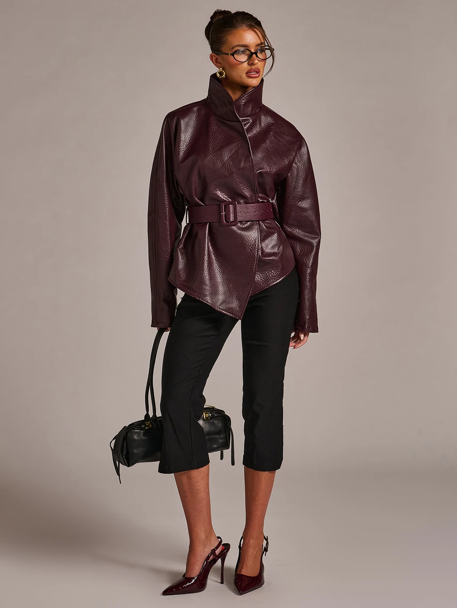 SHEIN BAE Solid Belted PU Leather Jacket - Burgundy - View 1