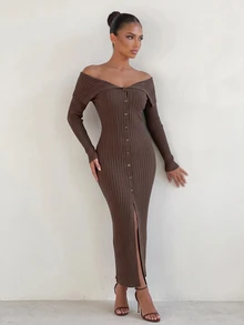 Sirith Busana Musim Gugur untuk Wanita: Gaun Sweater Elegan dengan Bahu Terbuka dan Kancing Depan, Cocok untuk Makan Malam dan Liburan, Warna Cokelat Mocha, Seksi untuk Musim Gugur. - Coffee Brown - View 5