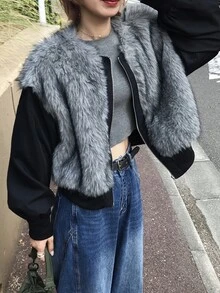 FRIFUL Women Casual Fuzzy Zipper Jackets Fall - Grey - View 1