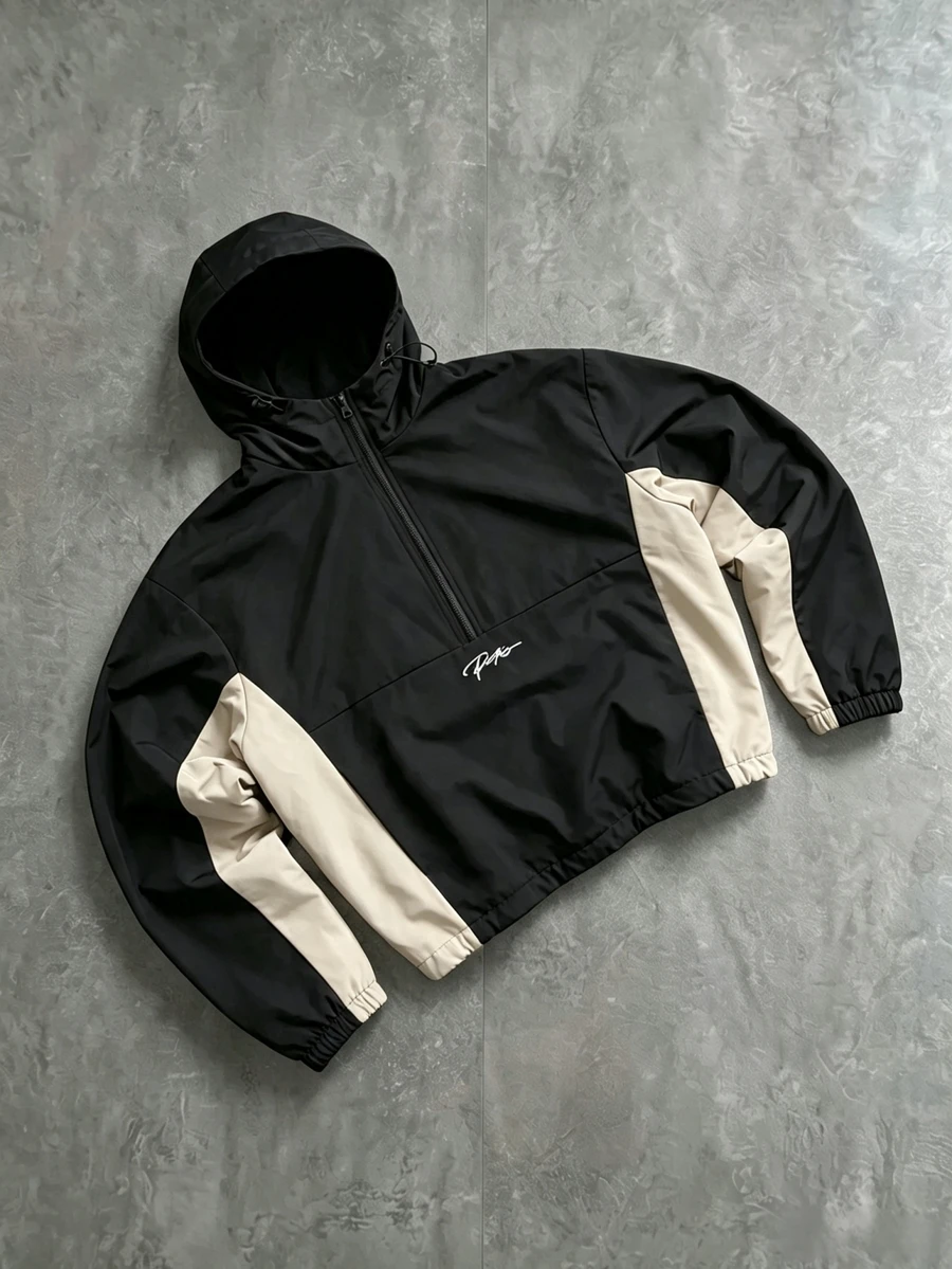 PAVTROS Men Letter Graphic Colorblock Half Zip Hooded Jacket - Beige - View 1