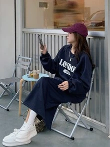 DAZY 女款字母圖案插肩袖套頭運動衫與裙子套裝居家休閒套裝 - 藍色 - 查看 7