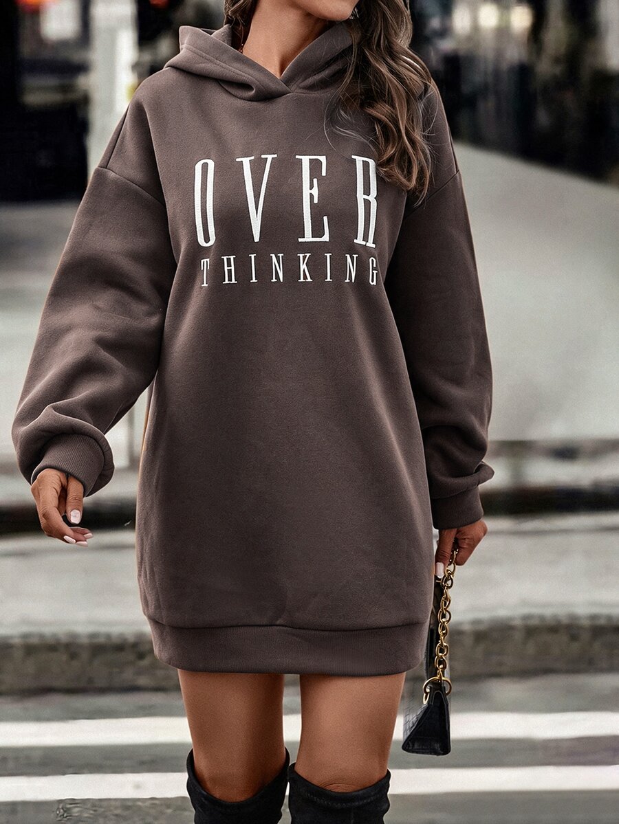 SHEIN LUNE 字母圖案落肩連帽衛衣洋裝 - 巧克力棕 - 查看 1