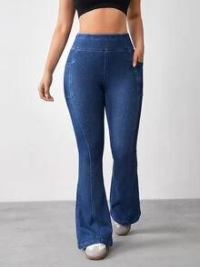 Flexra Plus High Waist Flare Leg Jeans With Phone Pocket - Blue - View 6