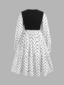 SHEIN Girls Polka Dot Print Lantern Sleeve 2 In 1 Dress - Black and White - View 2