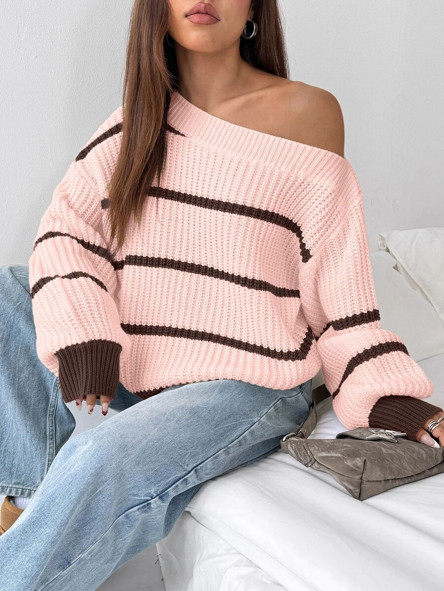 FavEase Striped Pattern Asymmetrical Shoulder Drop Shoulder Sweater - Multicolor - View 1