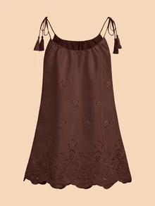 Travachic Tassel Decor Tie Shoulder Cover Up Dress - Brown - View 2