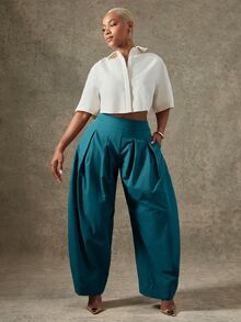 Vixey Solid Slant Pocket Fold Pleated Tapered Pants - Cadet Blue - View 2