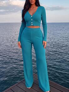Sirith Ribbed Knit Button Front Cardigan & Knit Pants - Blue - View 2