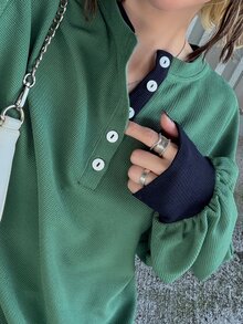 FRIFUL Contrast Trim Half Button Drop Shoulder Tee School College Green And Blue Summer Casual Preppy - Grey - View 6