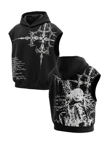 ROMWE MEN Street Life Tank Top Berkerudung dengan Gambar dan Slogan Pria - Hitam - View 1