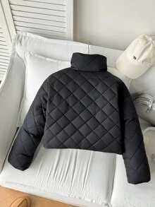 SHEIN 青少年女孩拉鍊式保暖內裡短版絎縫外套 - 黑色 - 查看 3