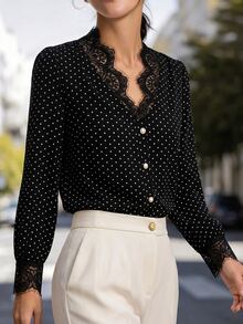 SHEIN Polka Dot Print Guipure Lace Trim Blouse - Black and White - View 5