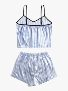 SHEIN Striped Print Contrast Binding Satin Cami Top & Shorts PJ Set - Blue and White - View 2