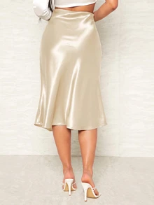 Silquee Solid Satin Mermaid Hem Skirt - Apricot - View 2