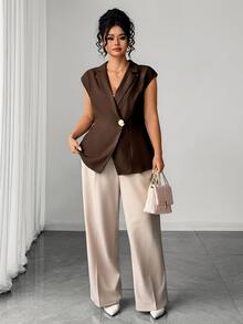 Elenzga Plus Lapel Neck Single Button Waistcoat Office Formal Brown Summer Casual Elegant - Coffee Brown - View 6
