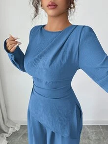 SHEIN Raffinéa 純色不對稱下擺抓皺腰部上衣與寬腿褲套裝 - 中等水洗藍 - 查看 3