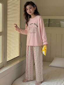 DAZY Tween Girl Cartoon Rabbit & Slogan Graphic Drop Shoulder Tee & Pants PJ Set - Pink - View 4