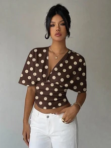 Aloruh Polka Dot Print Batwing Sleeve Tee - Brown - View 4