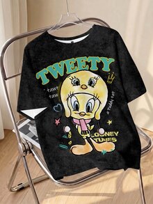 LOONEY TUNES X SHEIN Plus Size Cartoon & Letter Graphic Washed Tee - White - View 1