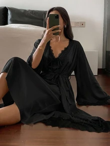 DAZY Contrast Lace Cami Sleep Dress & Robe PJ Set - Black - View 3