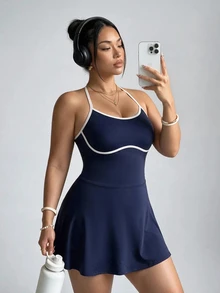 SHEIN Velisys Gaun Olahraga Wanita Ukuran Besar untuk Pickleball Warna Biru Navy Gaya Kawaii - Biru - View 6