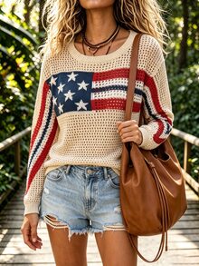SHEIN CURVE+ كنزة صوفية بنمط أمريكانا مع أكتاف منسدلة مقاس كبير - متعدد الألوان - مشاهدة 5