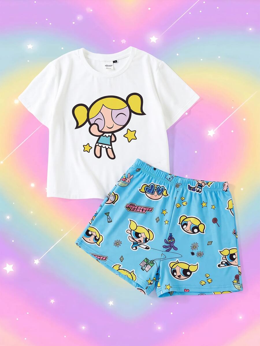 THE POWERPUFF GIRLS X SHEIN Cartoon Graphic Tee & Shorts PJ Set - Blue - View 1