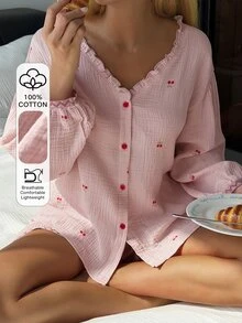 DAZY 櫻桃印花紋理睡衣套裝 秋季款 - 粉色 - 查看 3