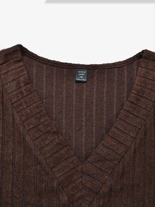 Velvienne Plus Size Solid V-Neck Ribbed Knit Bodycon Dress - Coffee Brown - View 5