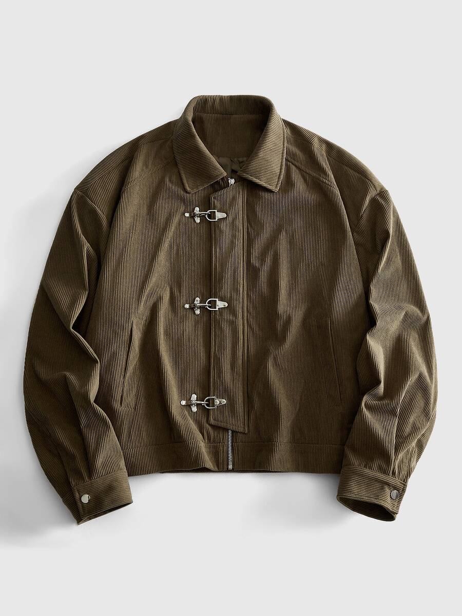 ROMWE MEN Street Life Men Solid Cord Duffle Jacket - Khaki - View 1