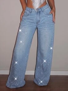 SHEIN Tall High Waist Rhinestone Wide Leg Jeans - Light Wash - View 6