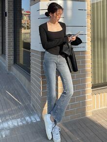DAZY Square Neck Ribbed Knit Tee - Black - View 5