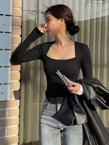 DAZY Square Neck Ribbed Knit Tee - Black - View 6