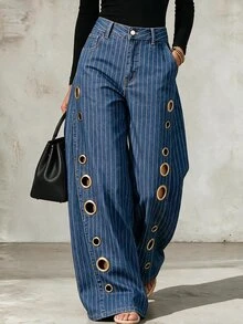Balvessa Striped Print Cut Out Grommet Detail Wide Leg Jeans - Blue - View 1