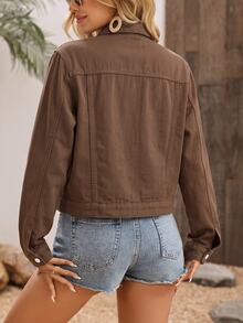 EMERY ROSE Flap Pocket Button Front Denim Jacket - Brown - View 2