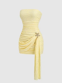 Sweetra Draped Side Ruched Tube Bodycon Dress Wedding Vacation Party Dinner Pale Yellow Summer Elegant Tropical Jamaican - Yellow - View 1