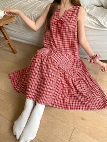 DAZY Plaid Tie Neck Ruffle Hem Lounge Dress - Red - View 4