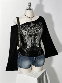 SHEIN ICON 大尺碼圖案印花不對稱領喇叭袖T恤 - 彩色 - 查看 4