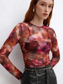 BizChic Pink Floral Mesh Top Without Bra Night Out Party Autumn Sexy - Orange - View 10