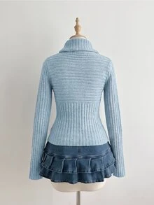 SHEIN Unity Solid Turtleneck Ribbed Knit Sweater - Blue - View 2