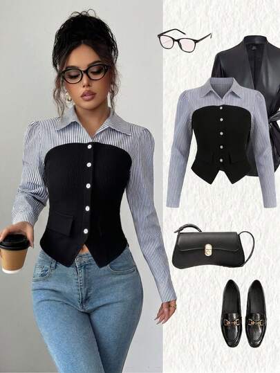 Elenzga Striped Print Button Front Top