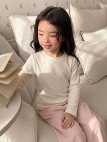 DAZY Young Girl Solid Round Neck Thermal Line Tee - Beige - View 4