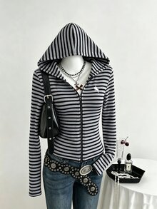 Elamini Women's Autumn/Winter Comfy And Cozy Striped Zip Through Hooded Jacket. - Black - View 1
