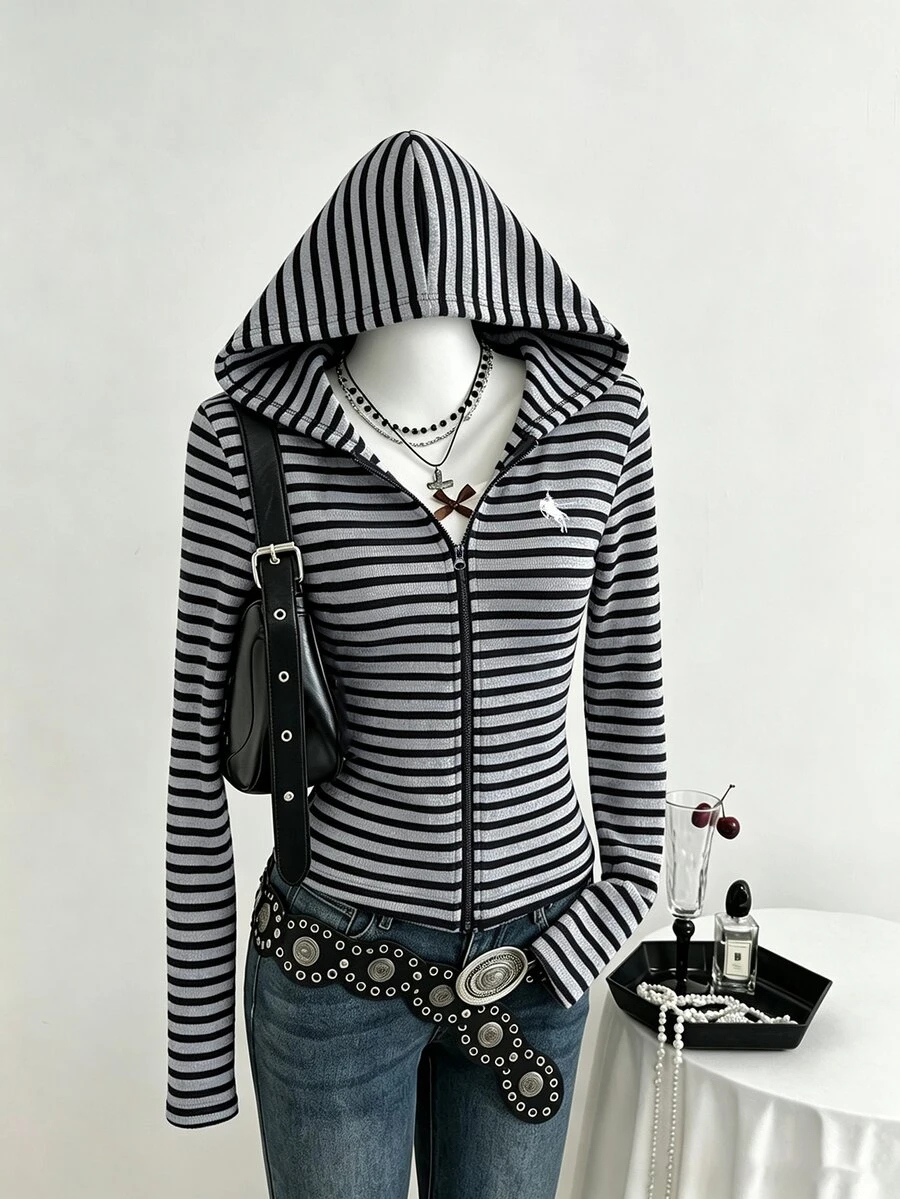 Elamini Women's Autumn/Winter Comfy And Cozy Striped Zip Through Hooded Jacket. - Black - View 1