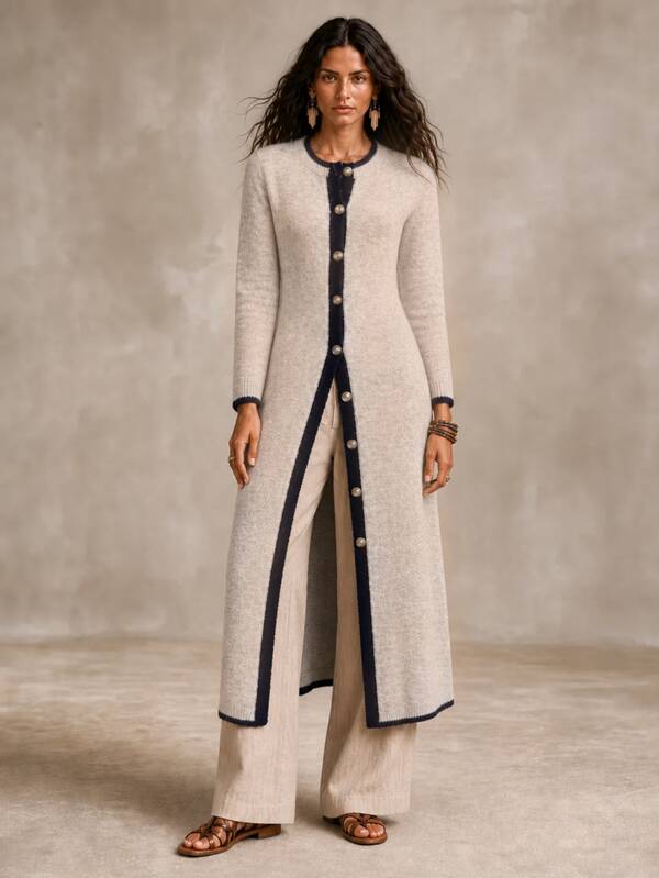Wandoria 1pc Contrast Trim Button Front Cardigan